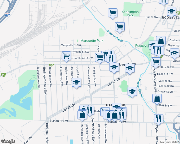 map of restaurants, bars, coffee shops, grocery stores, and more near 1634 Cleveland Avenue Southwest in Wyoming