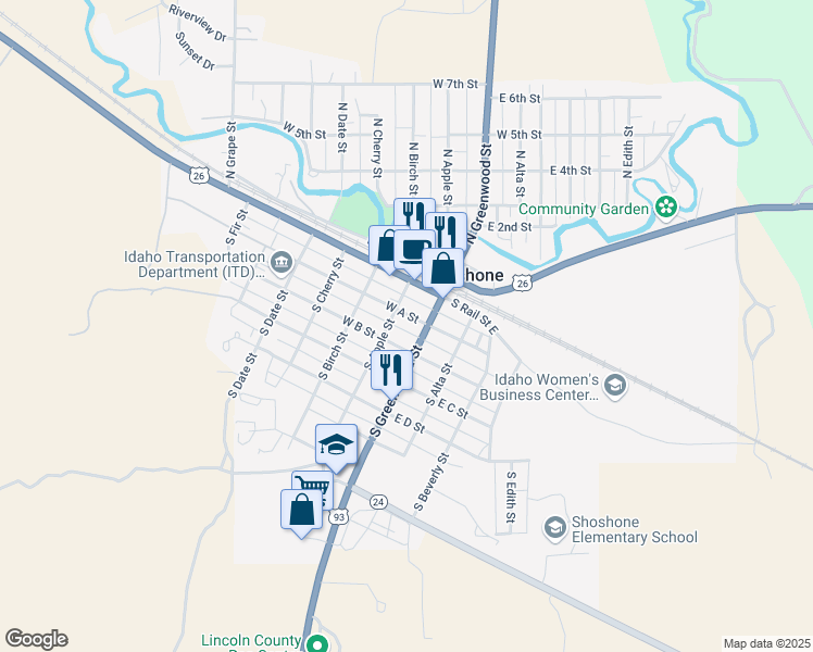 map of restaurants, bars, coffee shops, grocery stores, and more near 107 West A Street in Shoshone