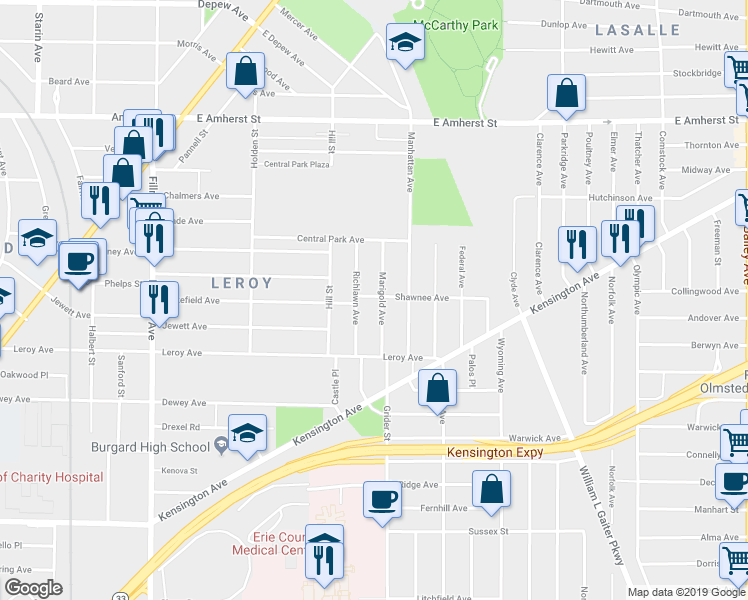 map of restaurants, bars, coffee shops, grocery stores, and more near 64 Marigold Avenue in Buffalo