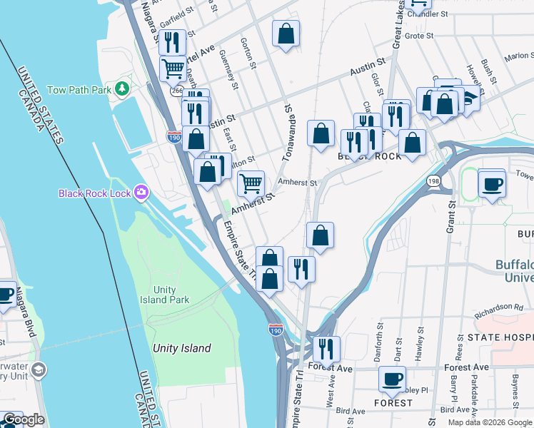 map of restaurants, bars, coffee shops, grocery stores, and more near 99 East Street in Buffalo