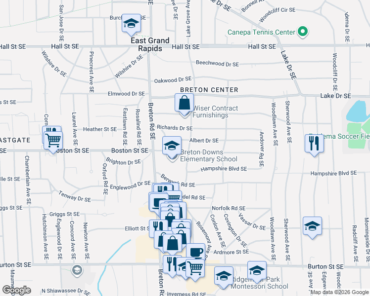 map of restaurants, bars, coffee shops, grocery stores, and more near 1558 Lake Grove Avenue Southeast in Grand Rapids