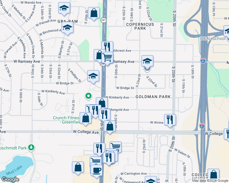 map of restaurants, bars, coffee shops, grocery stores, and more near 2531 W Bridge St in Milwaukee