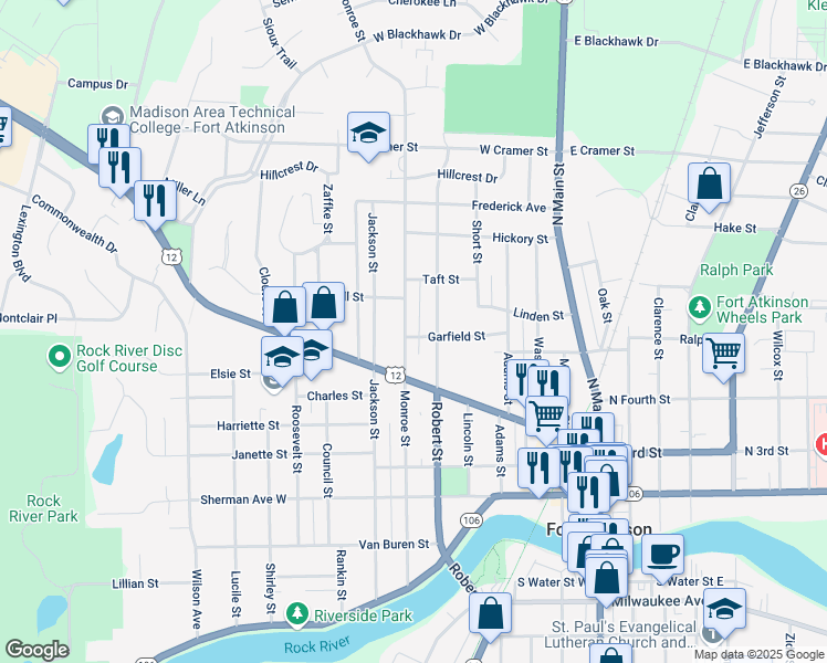 map of restaurants, bars, coffee shops, grocery stores, and more near 501 Robert Street in Fort Atkinson