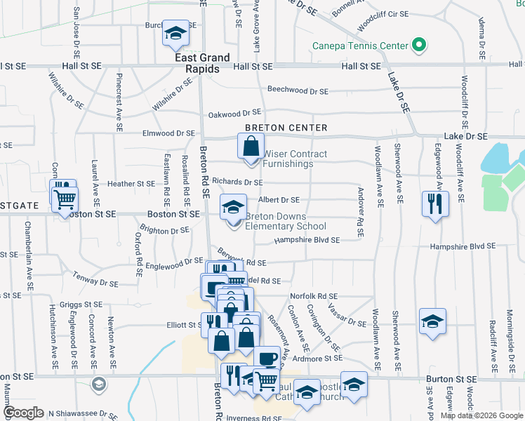 map of restaurants, bars, coffee shops, grocery stores, and more near 1558 Lake Grove Avenue Southeast in Grand Rapids