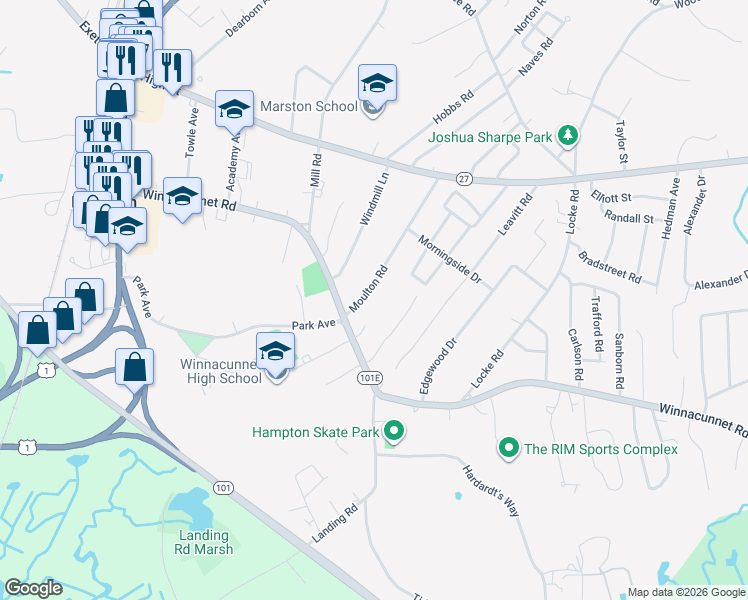 map of restaurants, bars, coffee shops, grocery stores, and more near 9 Moulton Road in Hampton