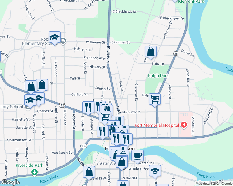 map of restaurants, bars, coffee shops, grocery stores, and more near 510 North Main Street in Fort Atkinson