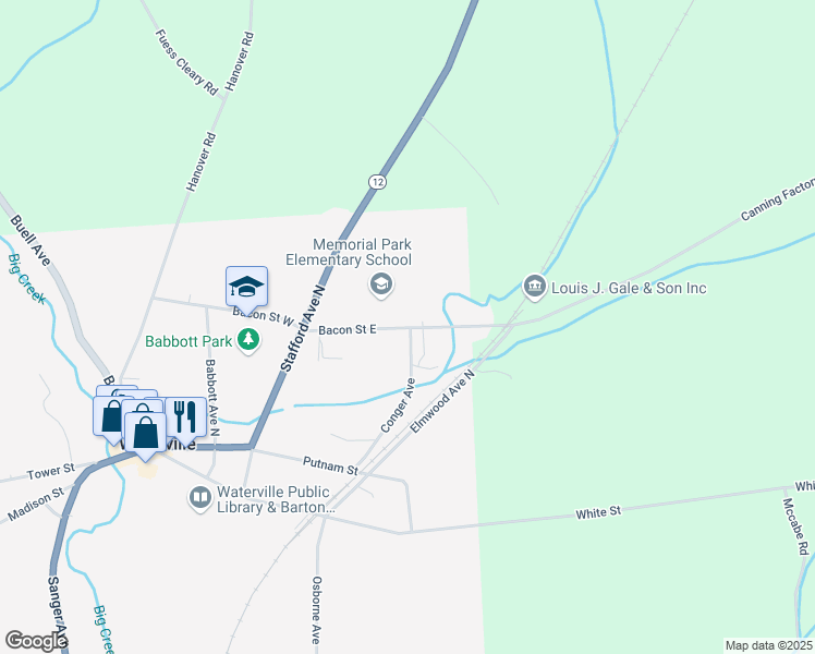 map of restaurants, bars, coffee shops, grocery stores, and more near 145 Bacon Street East in Waterville