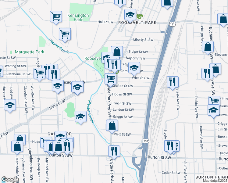 map of restaurants, bars, coffee shops, grocery stores, and more near 753 Hogan Street Southwest in Grand Rapids