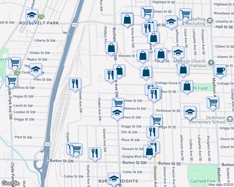 map of restaurants, bars, coffee shops, grocery stores, and more near Fox Street Southwest in Grand Rapids