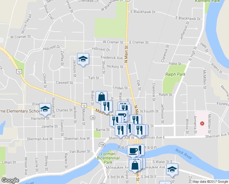 map of restaurants, bars, coffee shops, grocery stores, and more near 514 Adams Street in Fort Atkinson