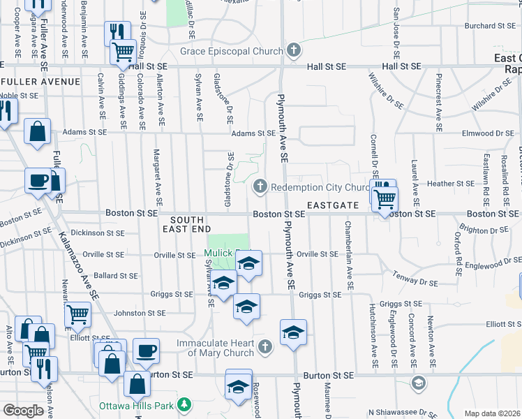 map of restaurants, bars, coffee shops, grocery stores, and more near 1725 Boston Street Southeast in Grand Rapids