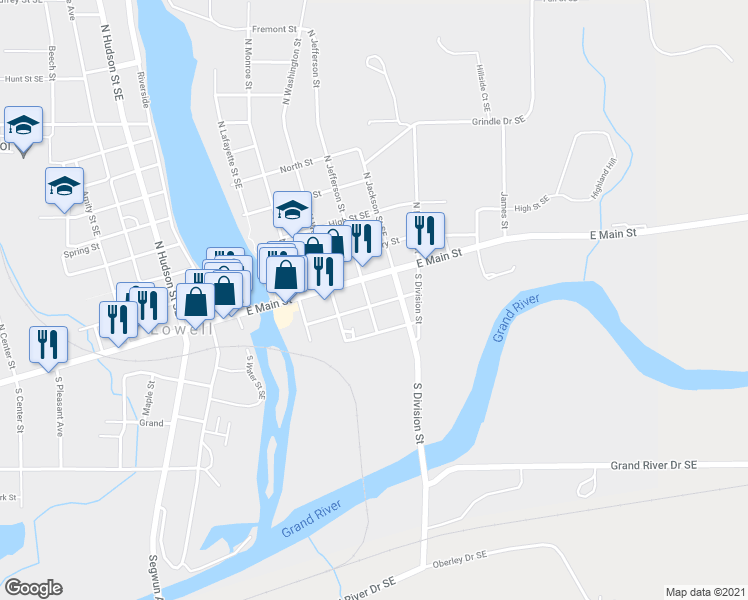 map of restaurants, bars, coffee shops, grocery stores, and more near 121 South Jefferson Street in Lowell