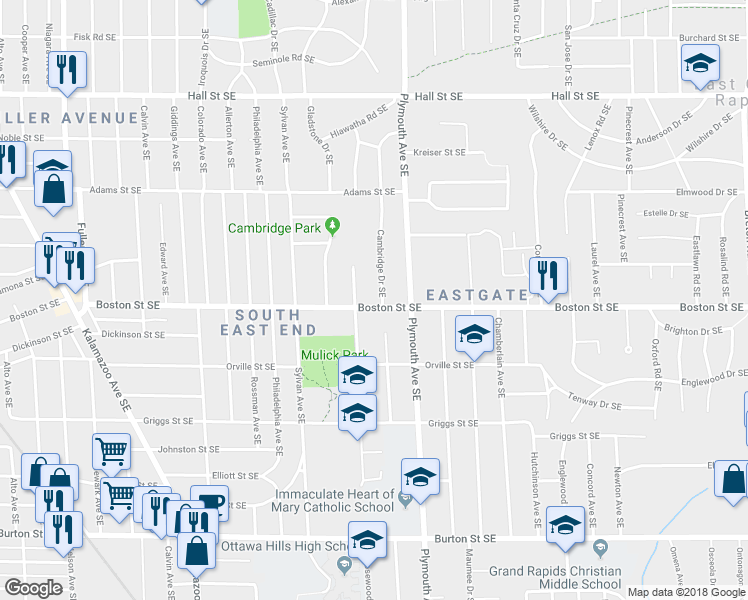 map of restaurants, bars, coffee shops, grocery stores, and more near 1725 Boston St SE in Grand Rapids