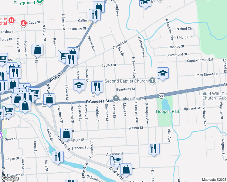 map of restaurants, bars, coffee shops, grocery stores, and more near 9 Perry Street in Auburn