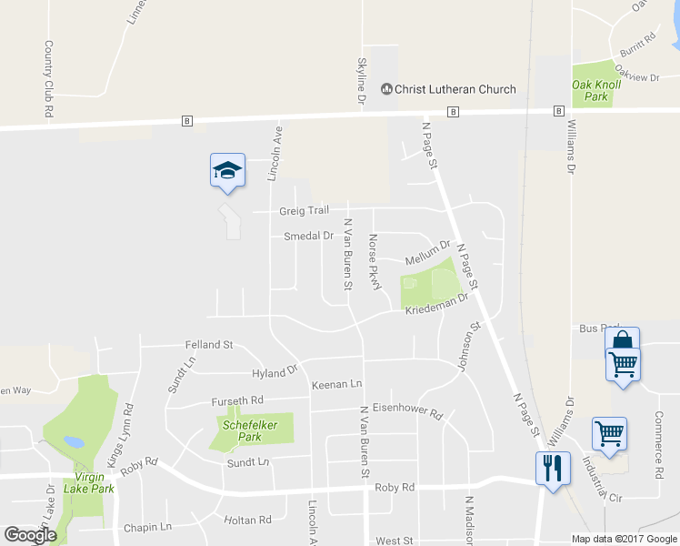 map of restaurants, bars, coffee shops, grocery stores, and more near 1736 North Van Buren Street in Stoughton