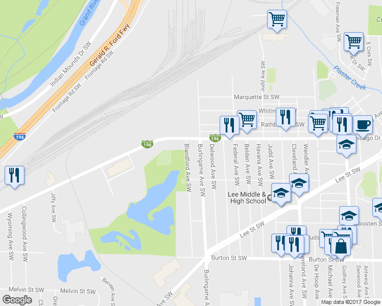 map of restaurants, bars, coffee shops, grocery stores, and more near 1632 Blandford Avenue Southwest in Wyoming