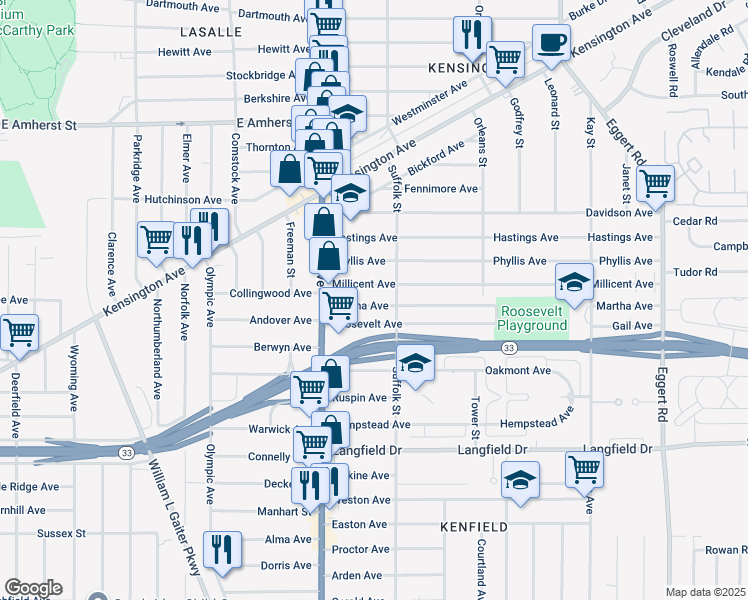 map of restaurants, bars, coffee shops, grocery stores, and more near 58 Martha Avenue in Buffalo