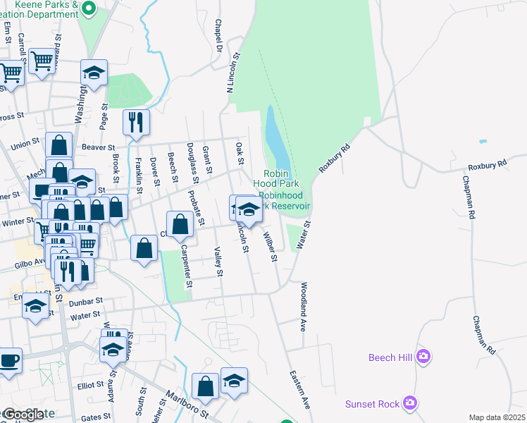 map of restaurants, bars, coffee shops, grocery stores, and more near 395 Roxbury Street in Keene