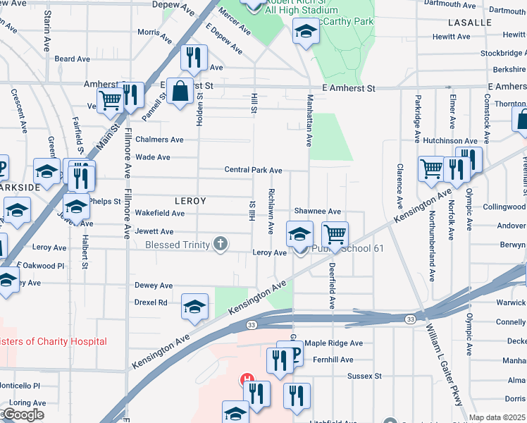 map of restaurants, bars, coffee shops, grocery stores, and more near 220 Wakefield Ave in Buffalo