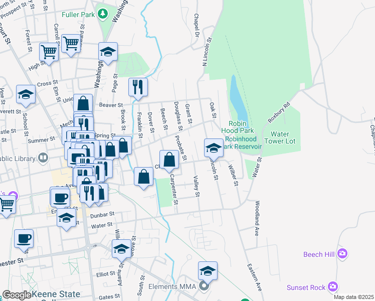 map of restaurants, bars, coffee shops, grocery stores, and more near 22 Hardy Court in Keene
