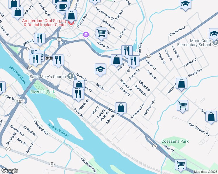 map of restaurants, bars, coffee shops, grocery stores, and more near 72 Reid Street in Amsterdam