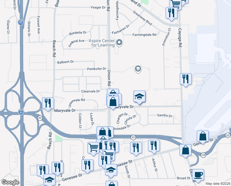 map of restaurants, bars, coffee shops, grocery stores, and more near 4419 Union Road in Buffalo