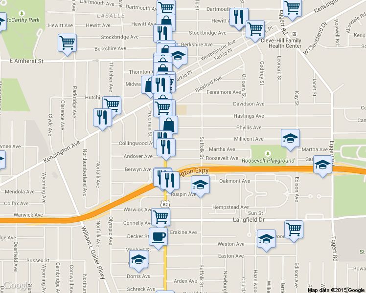 map of restaurants, bars, coffee shops, grocery stores, and more near 58 Martha Avenue in Buffalo