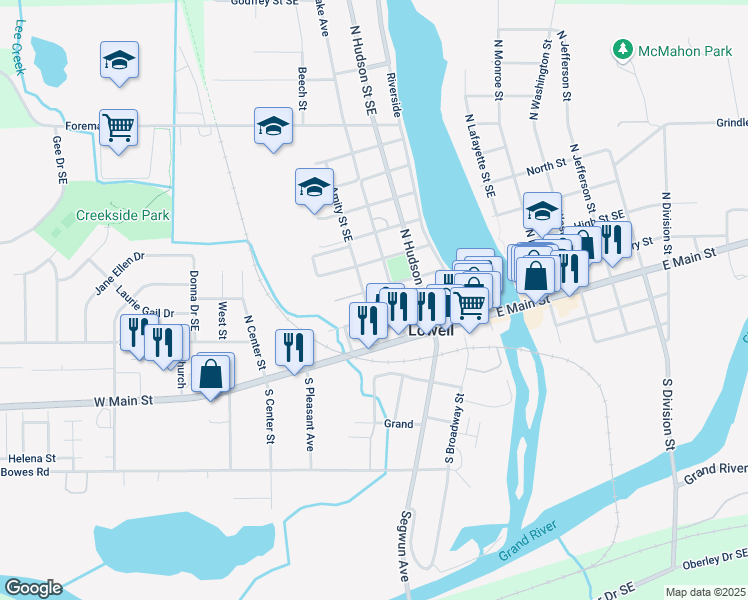 map of restaurants, bars, coffee shops, grocery stores, and more near 212 Lincoln Lake in Lowell