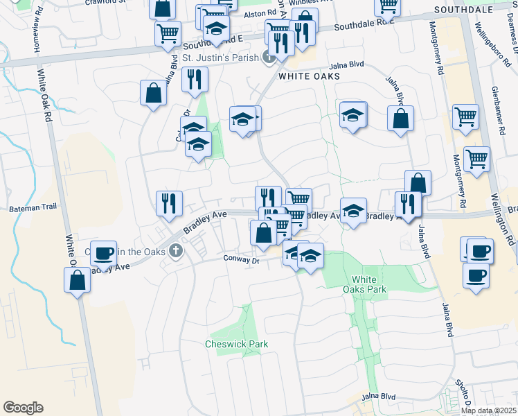 map of restaurants, bars, coffee shops, grocery stores, and more near 108 Bradley Avenue in London