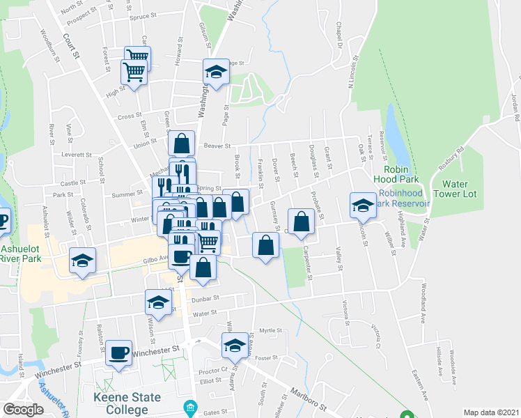 map of restaurants, bars, coffee shops, grocery stores, and more near 139 Roxbury Street in Keene