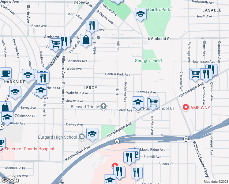 map of restaurants, bars, coffee shops, grocery stores, and more near 190 Wakefield Avenue in Buffalo