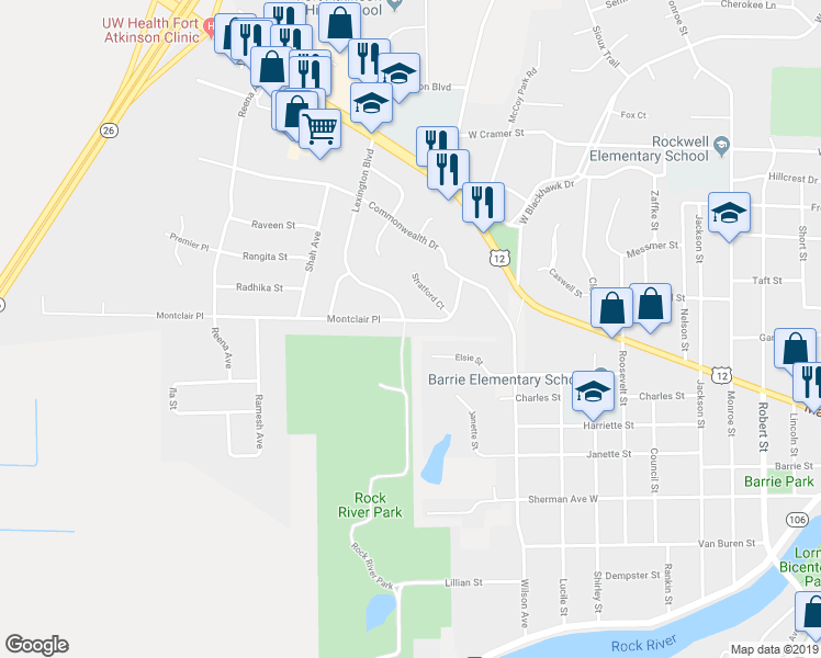 map of restaurants, bars, coffee shops, grocery stores, and more near 1327 Montclair Place in Fort Atkinson