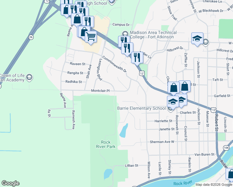 map of restaurants, bars, coffee shops, grocery stores, and more near 1327 Montclair Place in Fort Atkinson