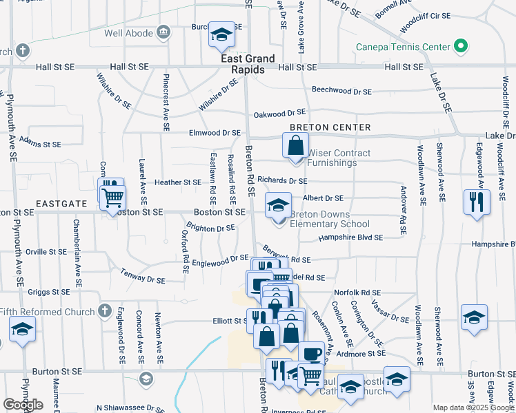 map of restaurants, bars, coffee shops, grocery stores, and more near 2405 Boston Street Southeast in East Grand Rapids