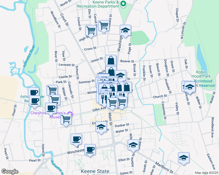 map of restaurants, bars, coffee shops, grocery stores, and more near 11 Washington Street in Keene