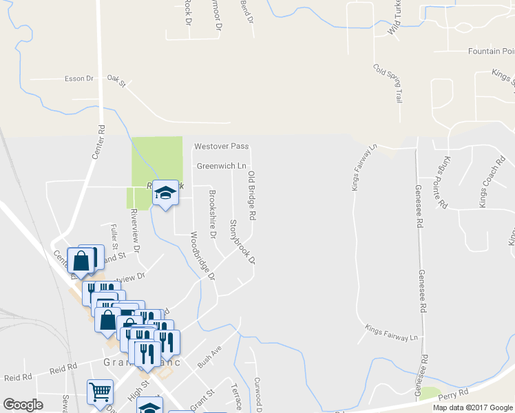 map of restaurants, bars, coffee shops, grocery stores, and more near 11231 Old Bridge Road in Grand Blanc