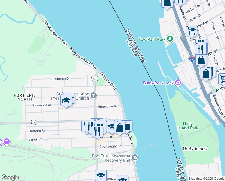 map of restaurants, bars, coffee shops, grocery stores, and more near 729 Niagara Boulevard in Fort Erie