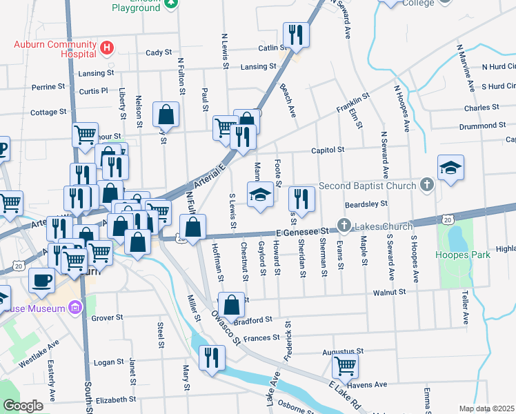 map of restaurants, bars, coffee shops, grocery stores, and more near 12 Lawton Avenue in Auburn