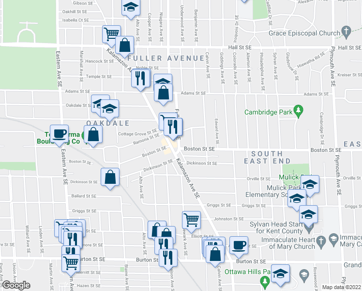 map of restaurants, bars, coffee shops, grocery stores, and more near 1219 Boston Street Southeast in Grand Rapids