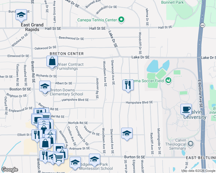 map of restaurants, bars, coffee shops, grocery stores, and more near 1560 Woodlawn Avenue Southeast in Grand Rapids