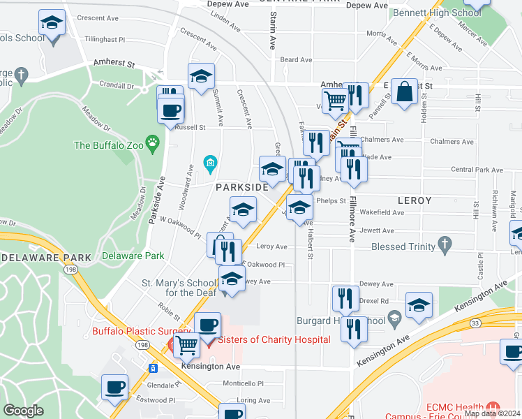 map of restaurants, bars, coffee shops, grocery stores, and more near 2406 Main Street in Buffalo