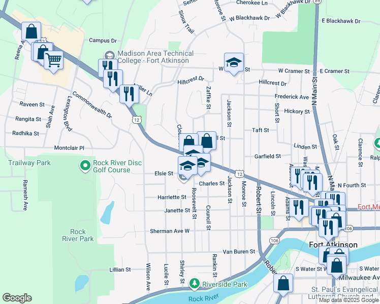 map of restaurants, bars, coffee shops, grocery stores, and more near 904 Madison Avenue in Fort Atkinson