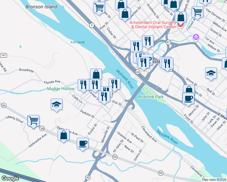 map of restaurants, bars, coffee shops, grocery stores, and more near 63 Bridge Street in Amsterdam