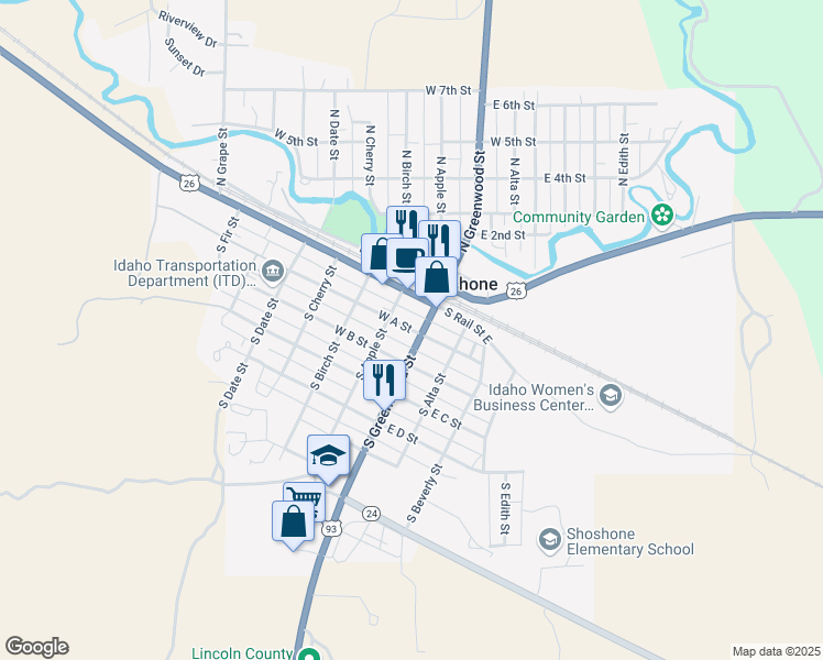 map of restaurants, bars, coffee shops, grocery stores, and more near 107 West A Street in Shoshone