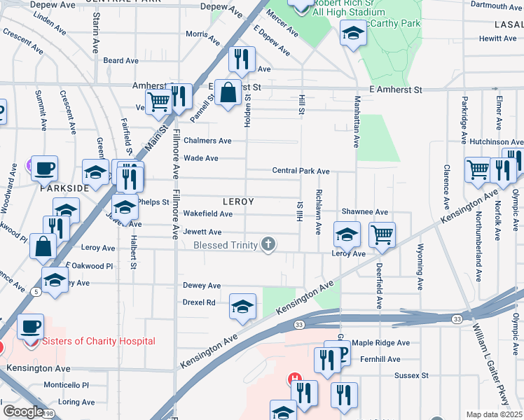 map of restaurants, bars, coffee shops, grocery stores, and more near 136 Wakefield Avenue in Buffalo
