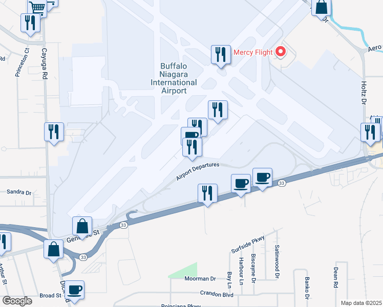 map of restaurants, bars, coffee shops, grocery stores, and more near 4200 Genesee Street in Buffalo