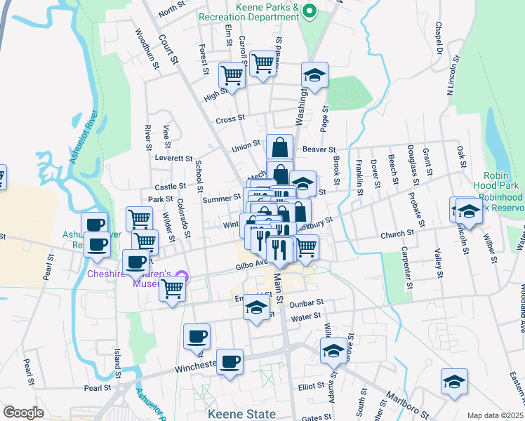 map of restaurants, bars, coffee shops, grocery stores, and more near 7 Court Street in Keene