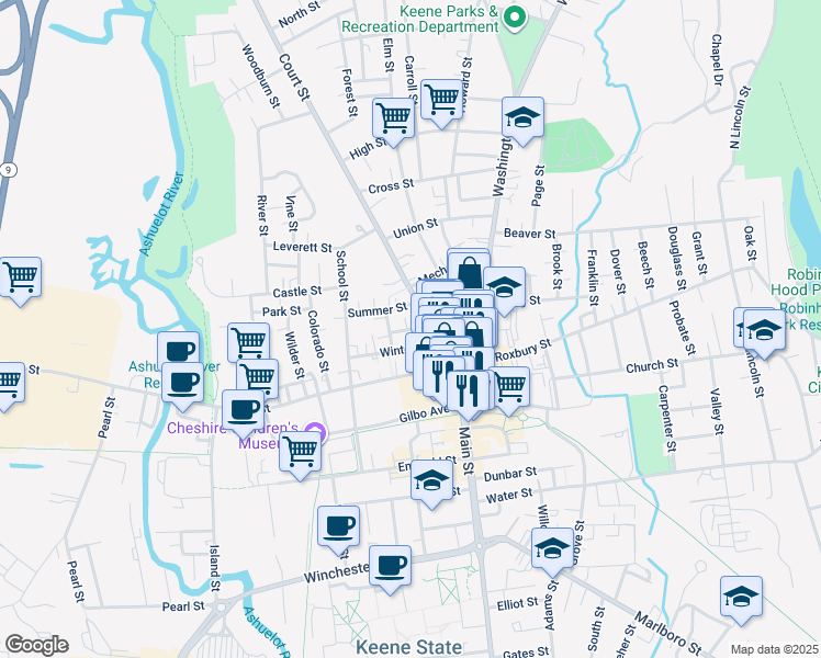 map of restaurants, bars, coffee shops, grocery stores, and more near 33 Winter Street in Keene