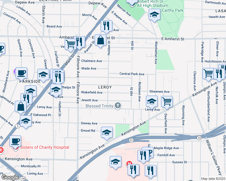 map of restaurants, bars, coffee shops, grocery stores, and more near 136 Wakefield Avenue in Buffalo