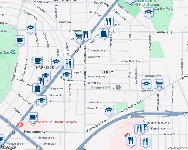 map of restaurants, bars, coffee shops, grocery stores, and more near 60 Wakefield Avenue in Buffalo